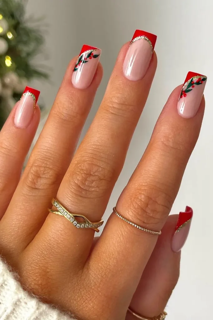 Red French Tips With a Holly Sprig Twist
