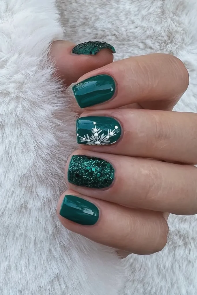 Short Emerald Nails With a White Snowflake Accent