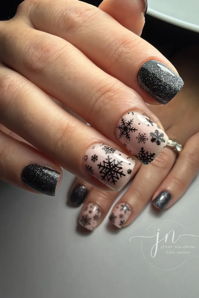 Black Snowflake Stamping With Black Glitter on Short Nails