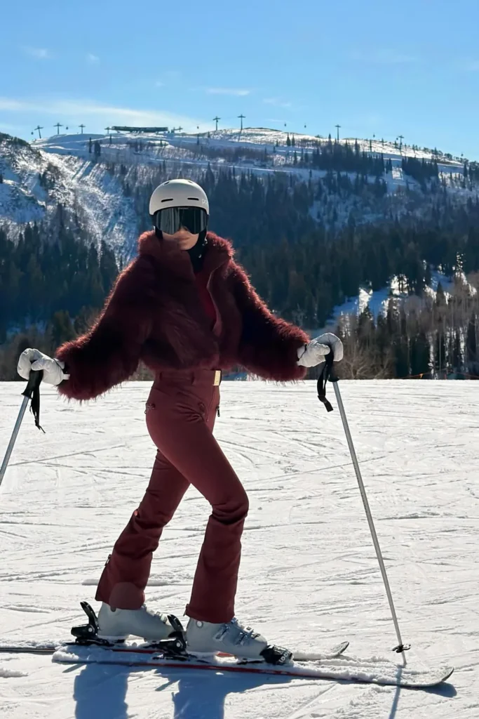 2. Burgundy Shaggy Faux Fur Jacket and Flared Ski Pants