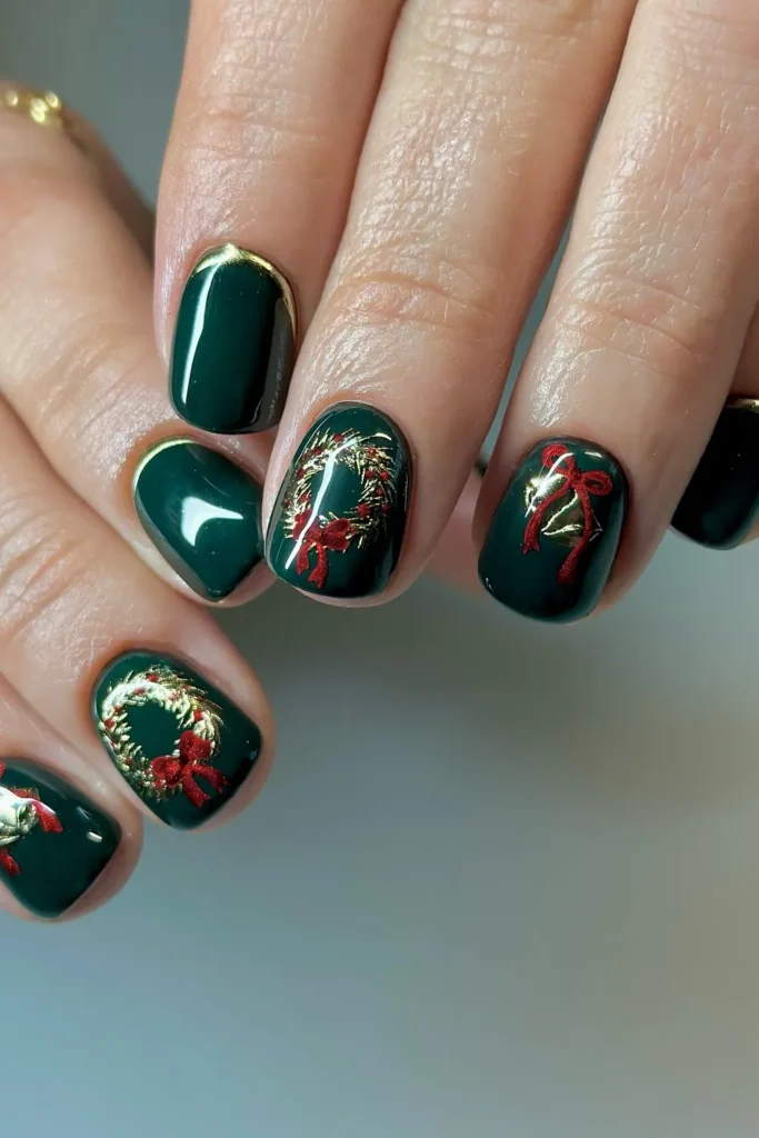 Dark Green Nails With Gold Wreaths and Red Velvet Bows