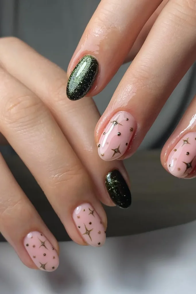 Gold Stars on Pink With Two Dark Green Nails