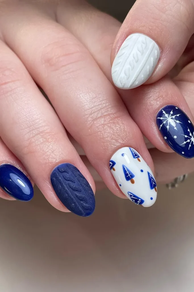 Navy and White Sweater Nails With Snowflakes