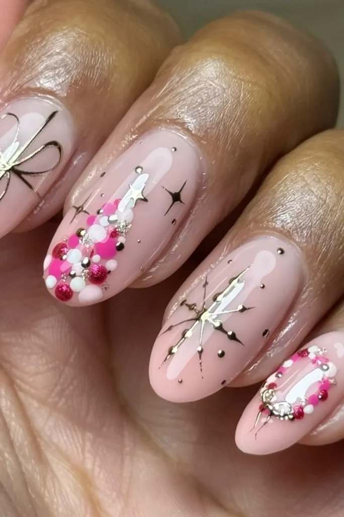 Pink and Gold Christmas Nails With Ornament Art