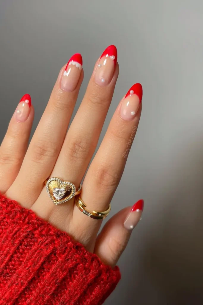 Red French Tips With Tiny Pearls