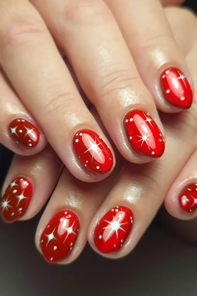 Shimmering Red Nails Covered in White Stars