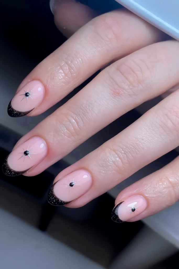 Black Glitter French Tips With Silver Starbursts