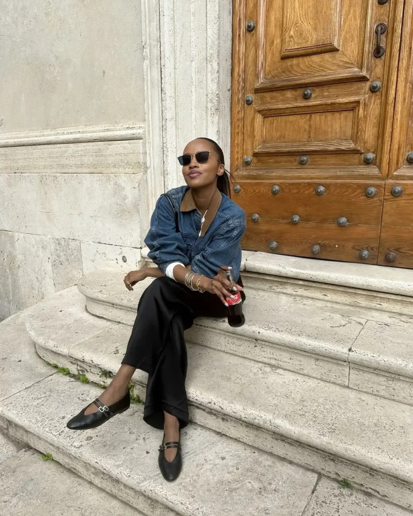 Denim Jacket, Black Satin Trousers, and Double Strap Mary Janes