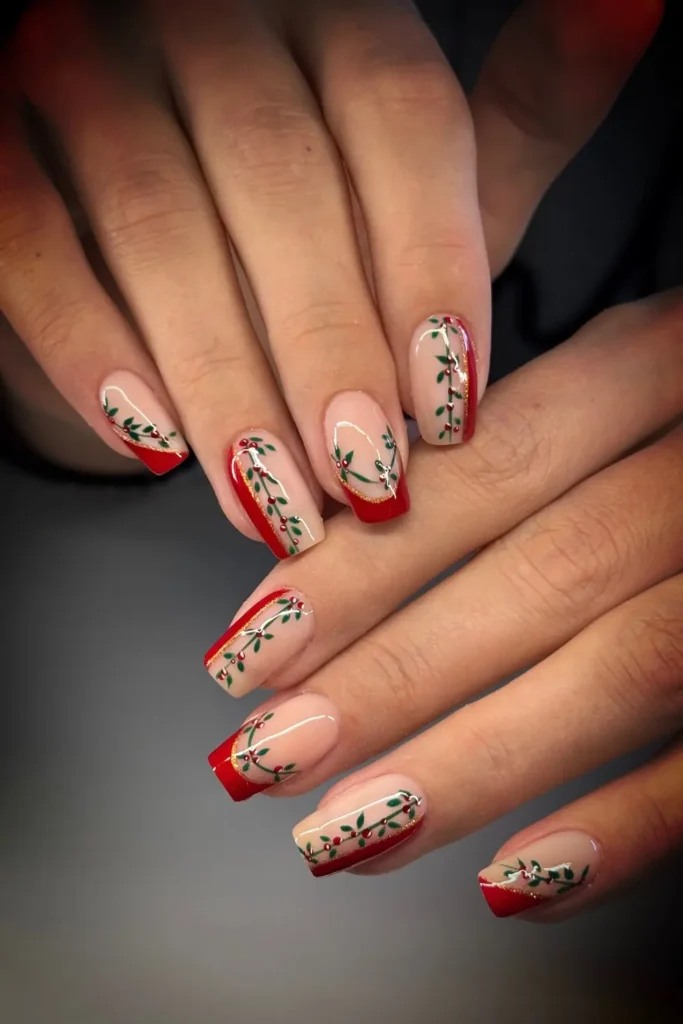 Diagonal Red Tips With a Holly Vine