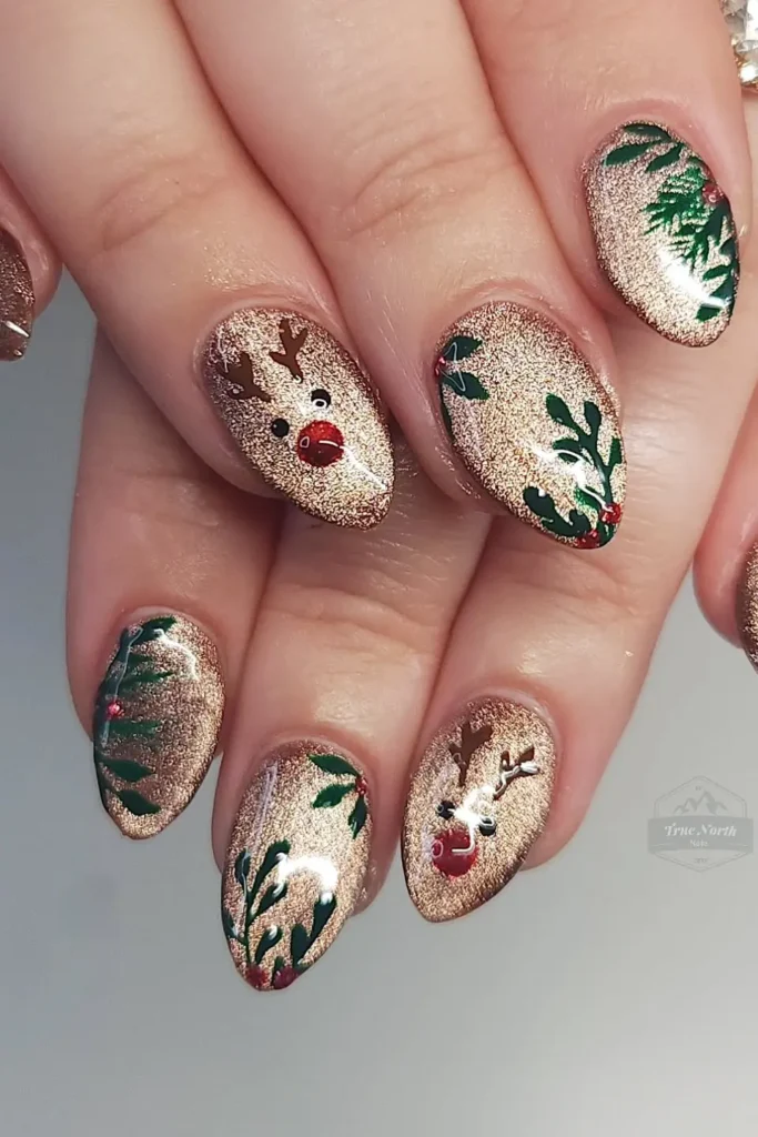 Golden Reindeer Peeking Through Holly