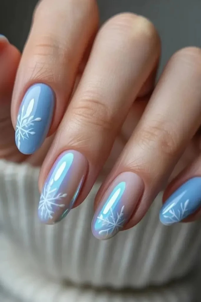 Icy Aurora Chrome and Baby Blue Snowflake Nails