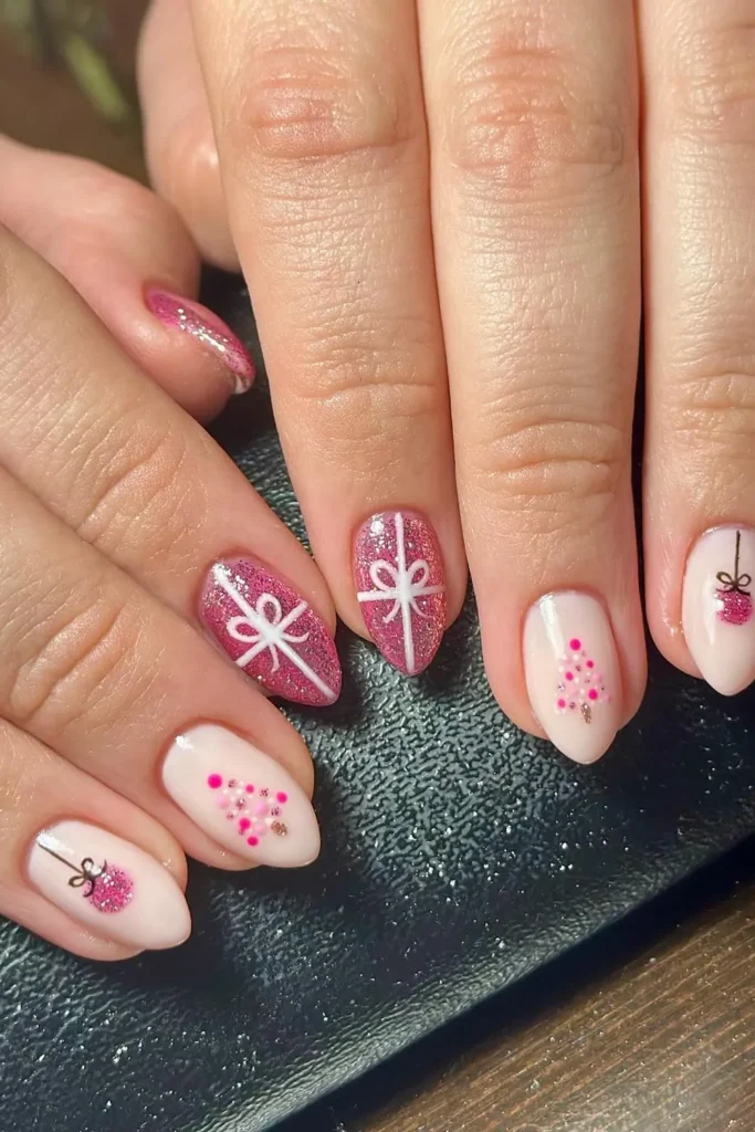 Pink Glitter Gift Wrap Nails With Dot Trees