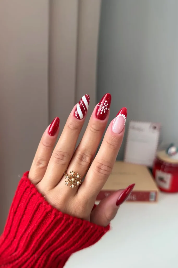 Shimmery Red With a Candy Cane, a Snowflake, and a Santa Trim