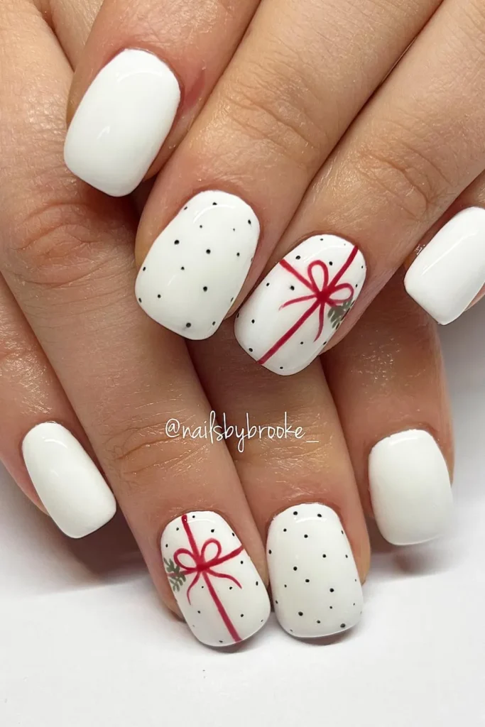 Short White Christmas Nails Wrapped Like Presents