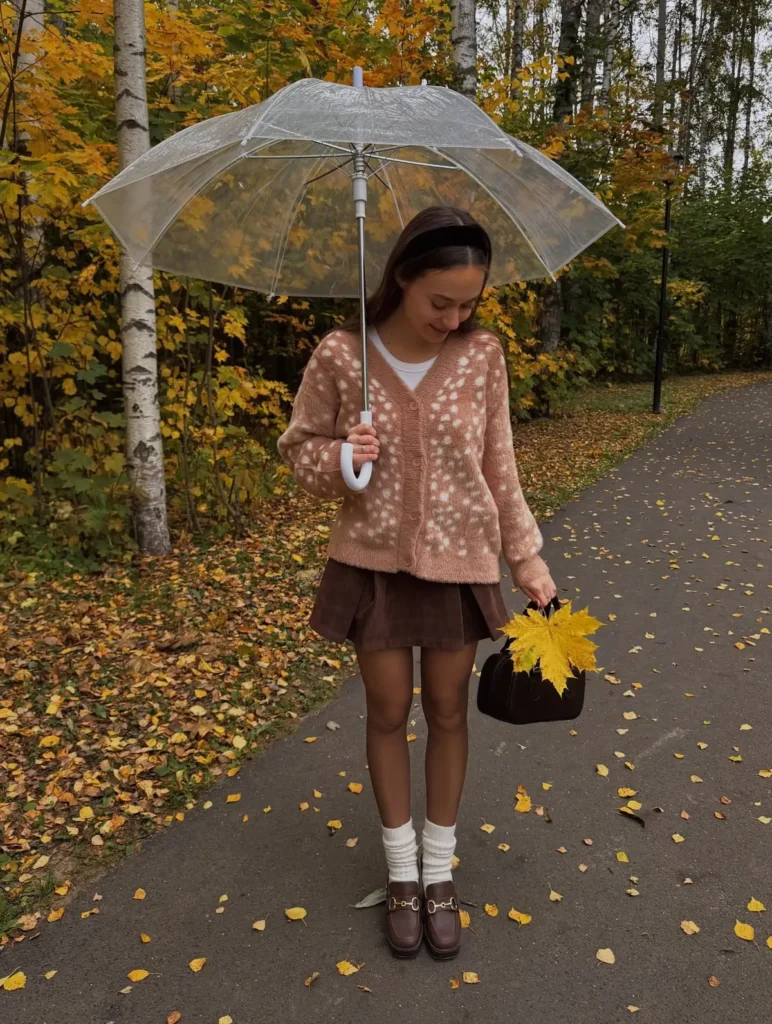 A Spotted Fuzzy Cardigan for Rainy Commutes