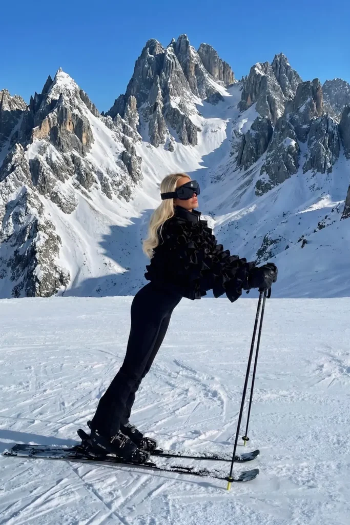 Black Ruffle Ski Jacket and Slim Stretch Ski Pants