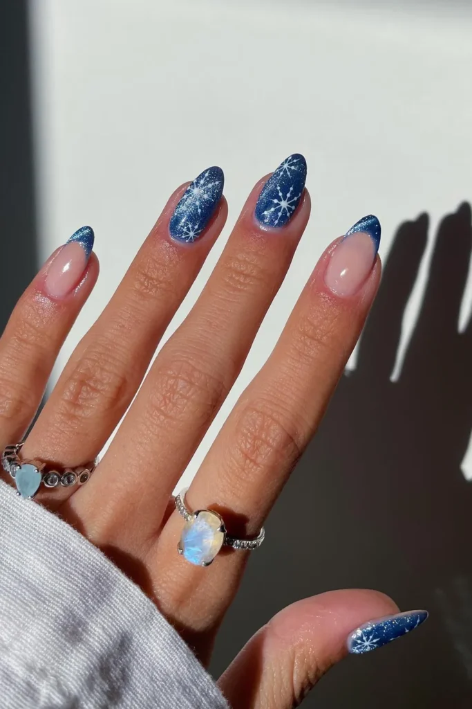 Blue Snowflake Nails in Denim Glitter