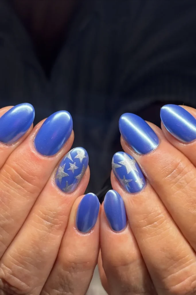 Cobalt Pearl Nails With Silver Stars