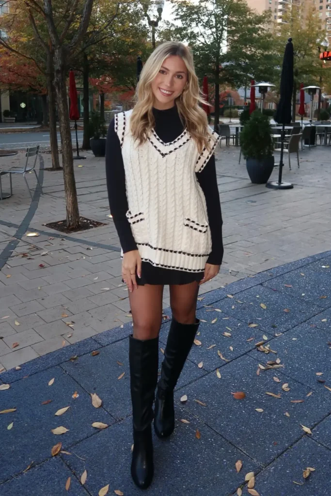 Cream Sweater Vest Over Black for Friendsgiving