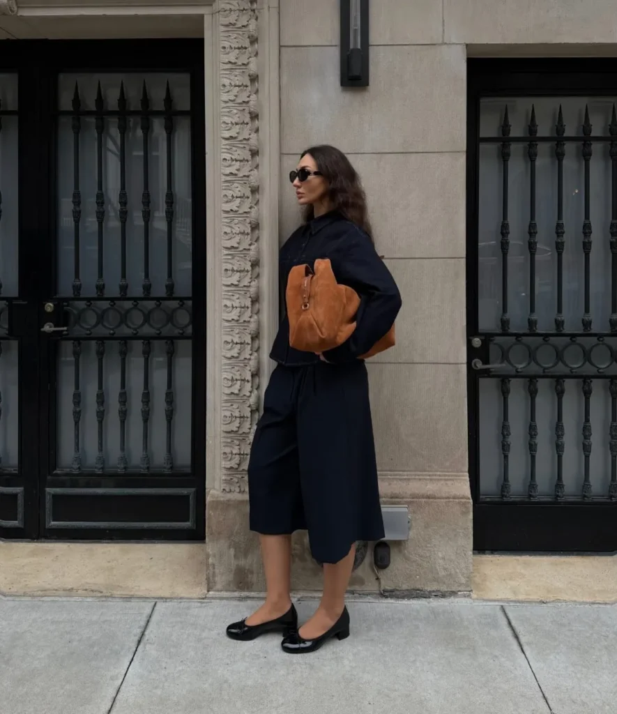 Dark Denim Shirt Jacket, Culottes, and Patent Low Heel Flats