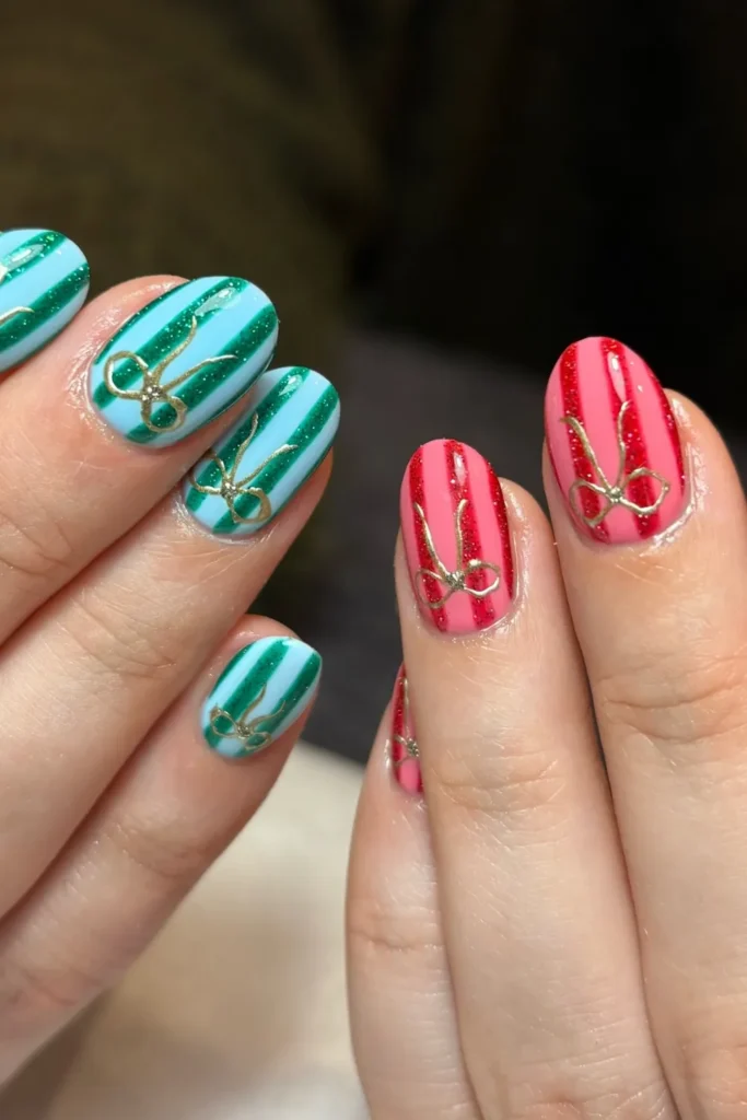 Green and Red Gift Stripe Nails With Gold Bows
