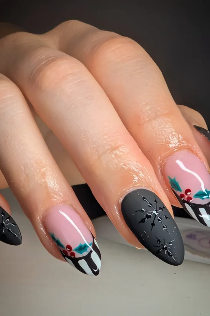 Matte Black Christmas Nails With Holly and Striped Tips
