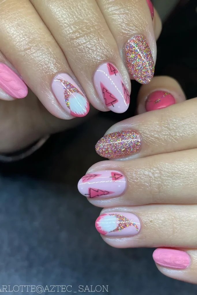 Pink Gnome, Sweater Knit, and Holo Glitter Nails