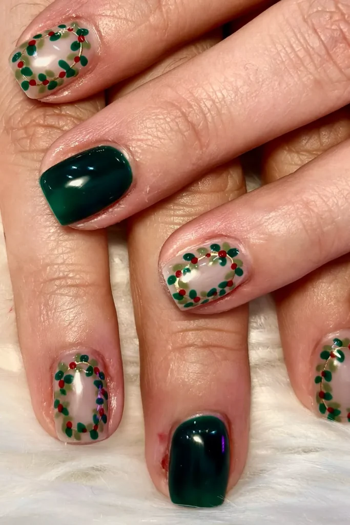 Short Red and Green Christmas Nails With Dotted Wreaths