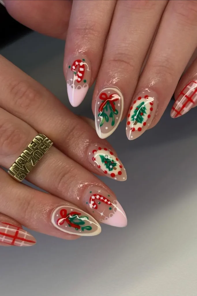 Vintage Christmas Card Nails With Mistletoe and Tiny Trees