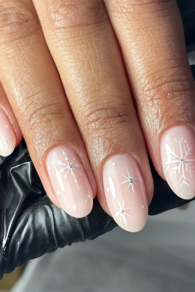 White Snowflake Nails on a Milky Pink Base