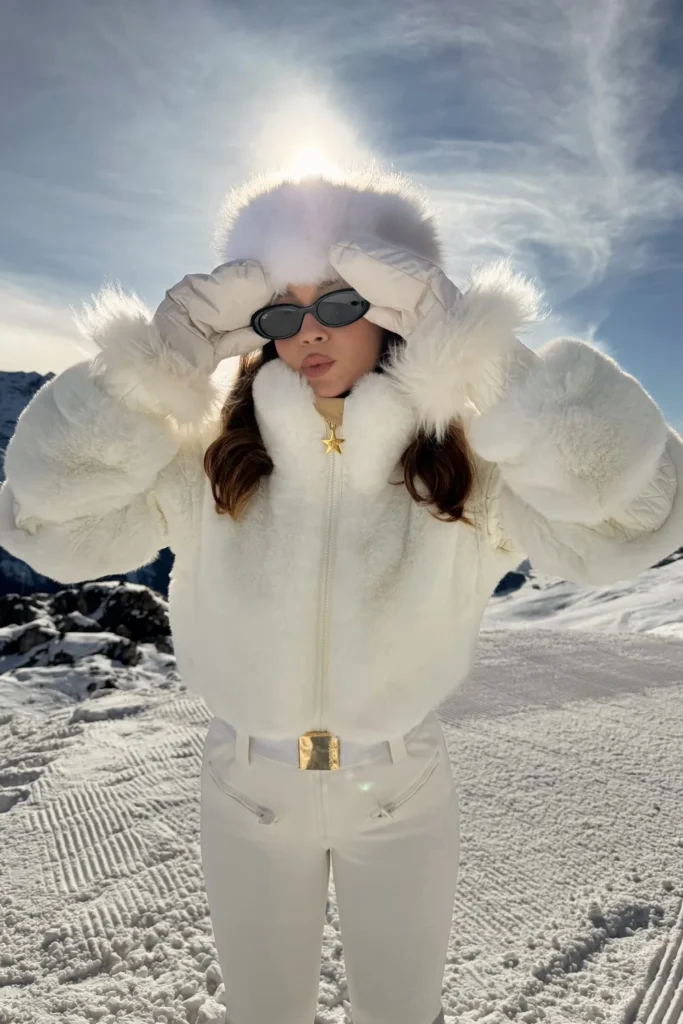 All White Faux Fur Ski Jacket With a Gold Belt