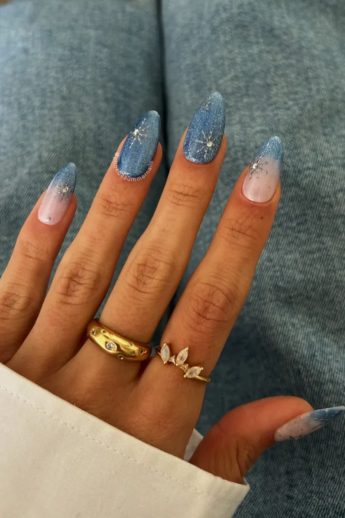 Blue and Silver Christmas Nails With Velvet Starbursts
