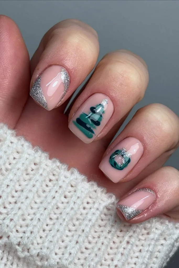 Brushstroke Christmas Tree and Wreath on Nude Nails