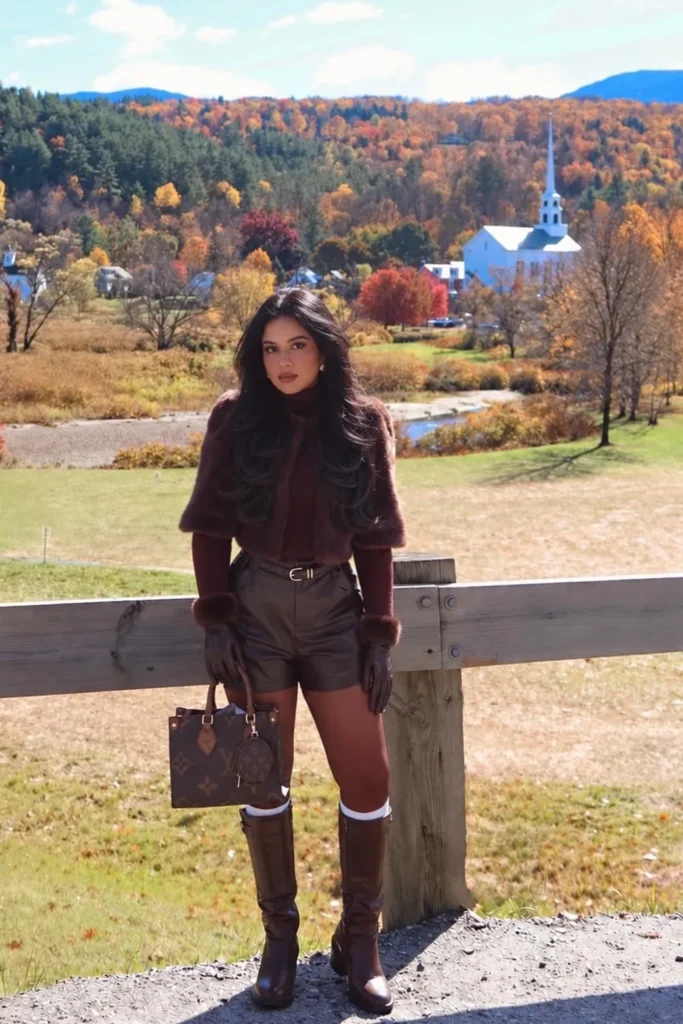 Burgundy Turtleneck, Leather Shorts, and Riding Boots
