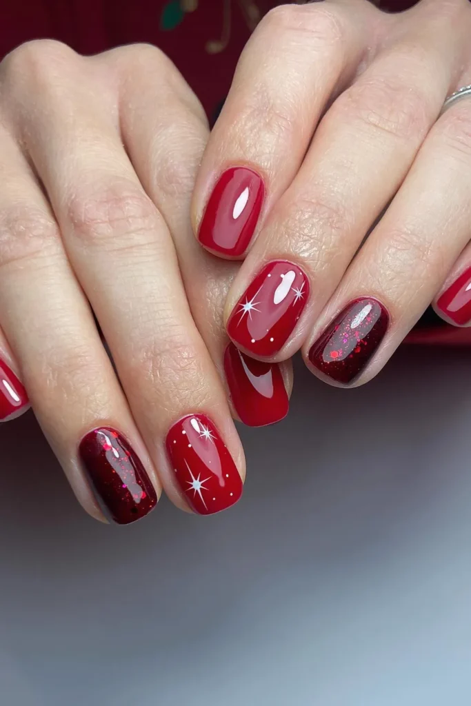 Cherry Red Nails With a Burgundy Glitter Jelly Accent