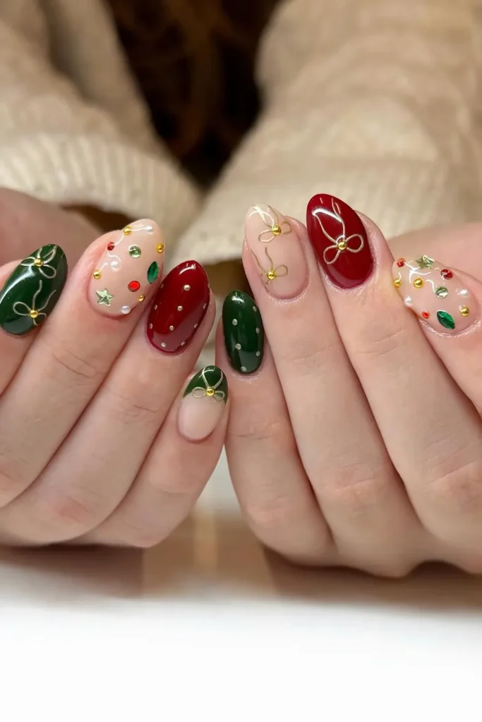 Jewel Box Nails in Red, Green, and Gold