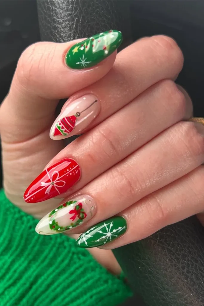 Ornament, Gift, and Wreath Mix on Almond Nails