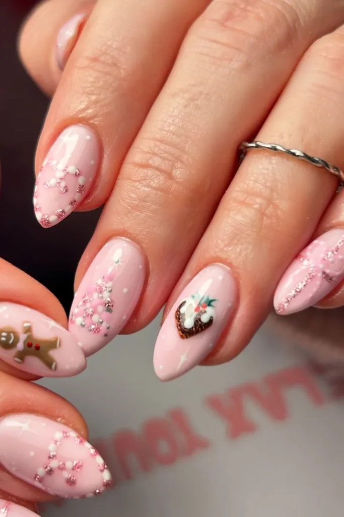 Baby Pink Nails With Gingerbread, Pudding, and Glitter Bows