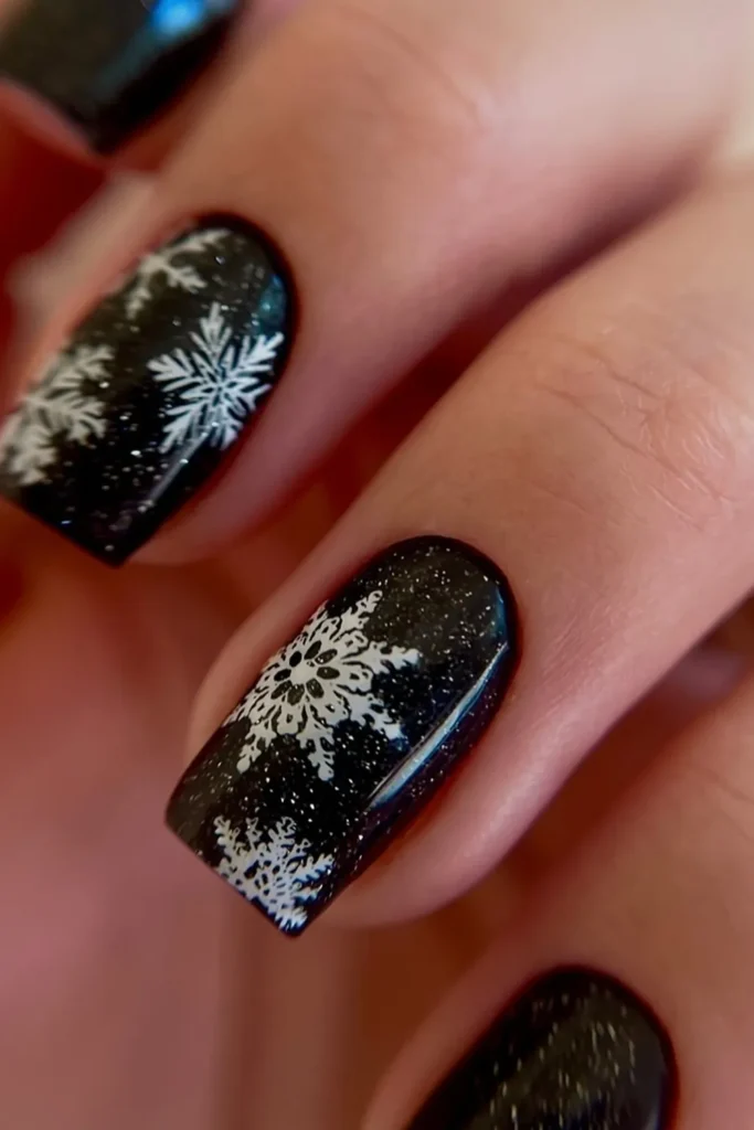 Black Glitter Christmas Nails With Stamped White Snowflakes
