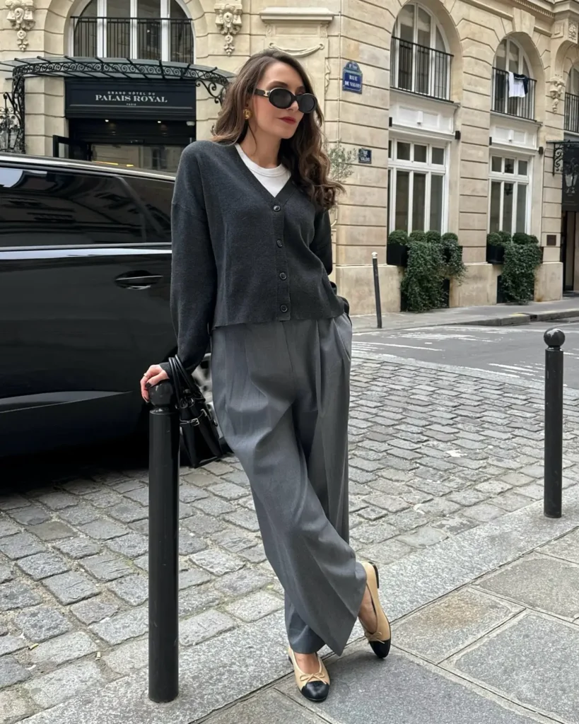Charcoal Cardigan and Gray Pleated Trousers
