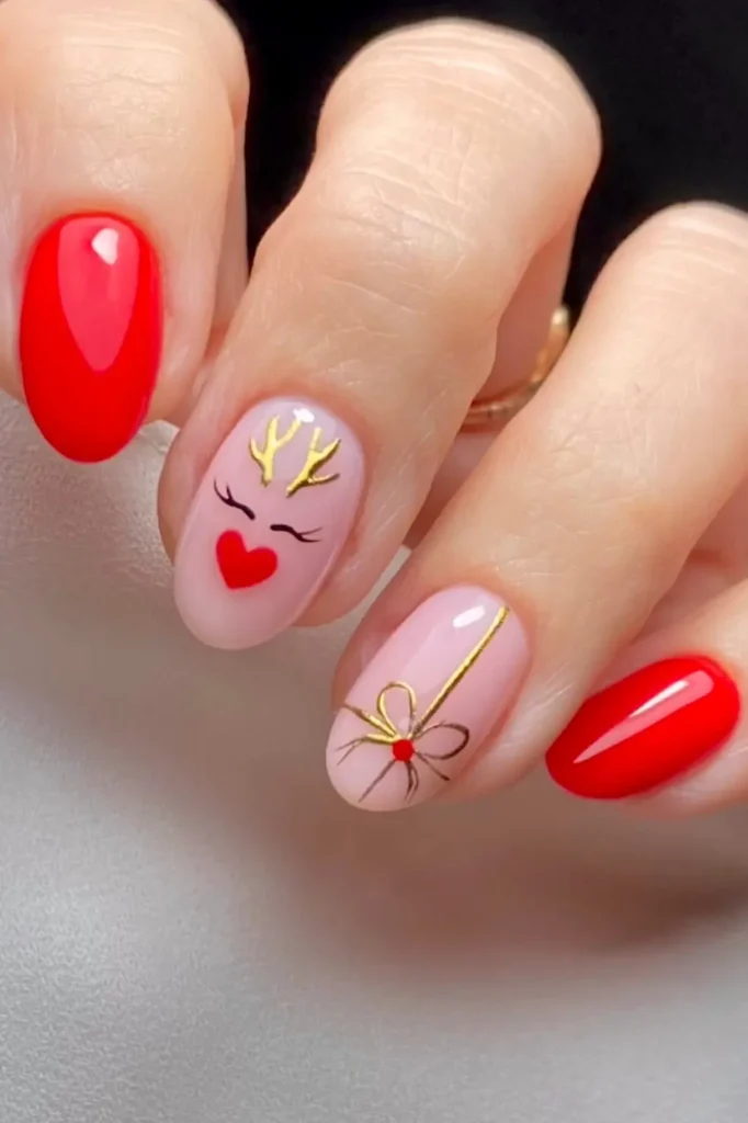 Cute Christmas Nails With a Sleepy Reindeer Face