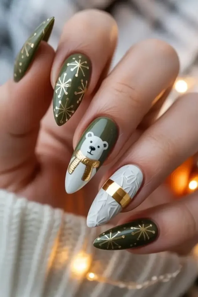 Olive Green, Gold Snowflakes, and a Polar Bear in a Scarf