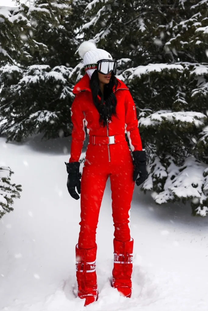 Red Belted Ski Suit With White Racing Stripes