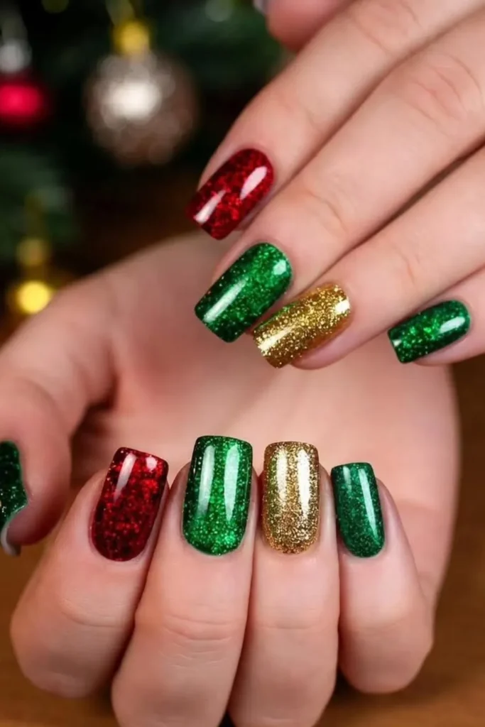 Red, Green, and Gold Glitter Christmas Nails