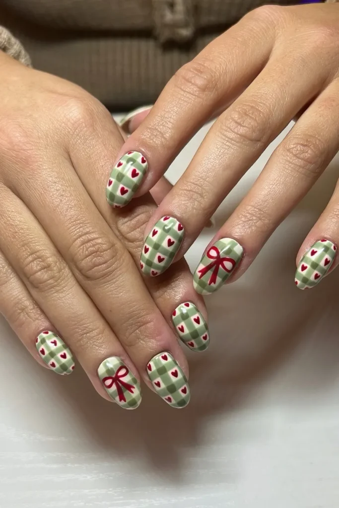 Sage Gingham Nails With Tiny Red Hearts and Bows