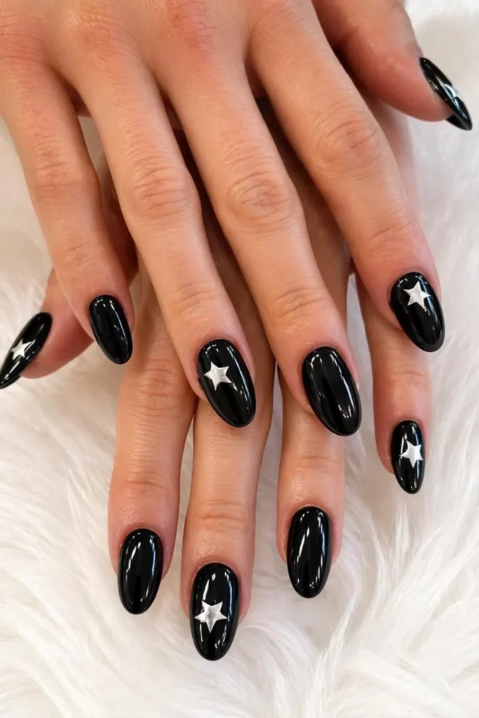 Black and Silver Christmas Nails With Tiny Stars