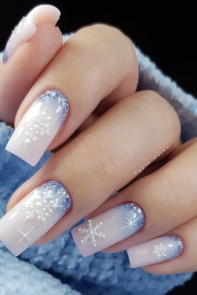 Blue and White Christmas Nails With Pearl Snowflakes