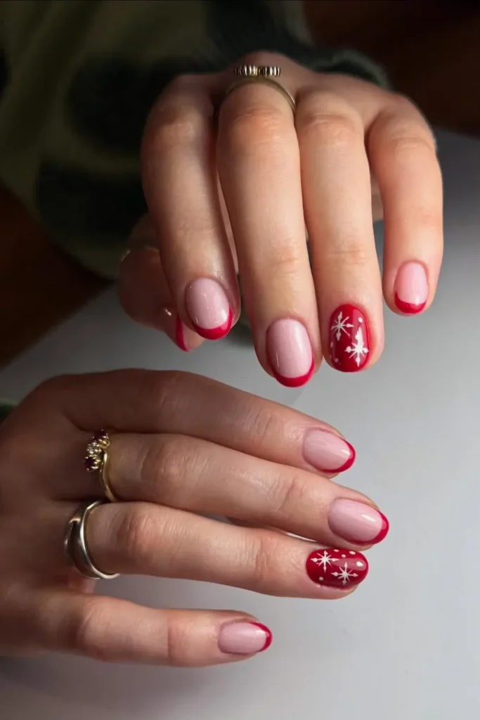 Micro Red French With One Snowflake Nail