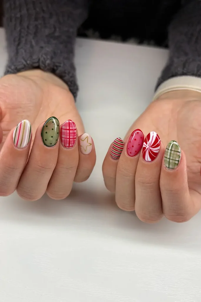 Mismatched Holiday Prints for Short Nails