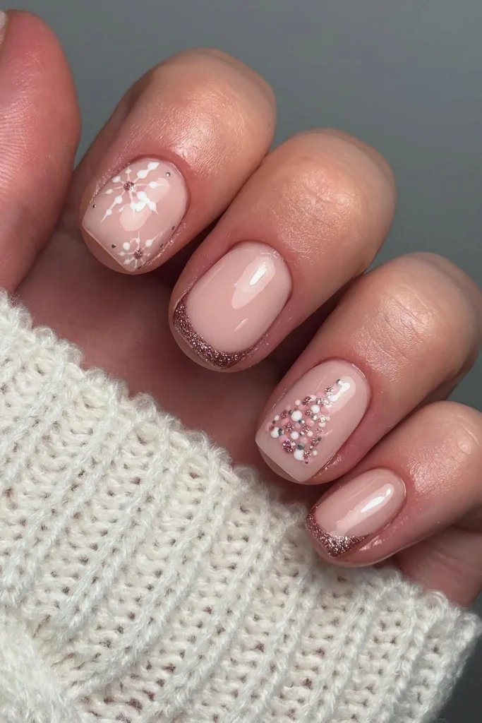 Short Pink Christmas Nails With Rose Glitter Tips